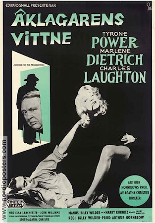 Witness for the Prosecution 1958 movie poster Marlene Dietrich Tyrone Power Charles Laughton Billy Wilder Writer: Agatha Christie