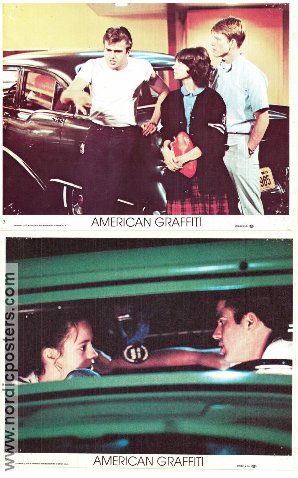 American Graffiti 1973 lobbykort Richard Dreyfuss Ron Howard Harrison Ford Wolfman Jack George Lucas Rock och pop Bilar och racing Kultfilmer