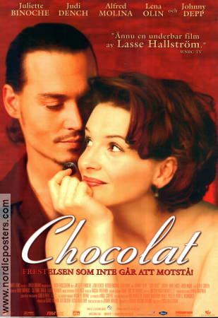 Chocolat 2001 movie poster Juliette Binoche Alfred Molina Lena Olin Johnny Depp Lasse Hallström Romance Food and drink