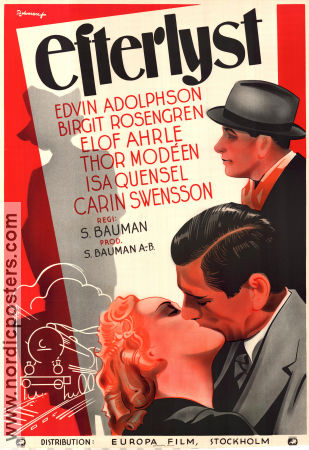 Efterlyst 1938 movie poster Thor Modéen Edvin Adolphson Birgit Rosengren Schamyl Bauman Trains Eric Rohman art