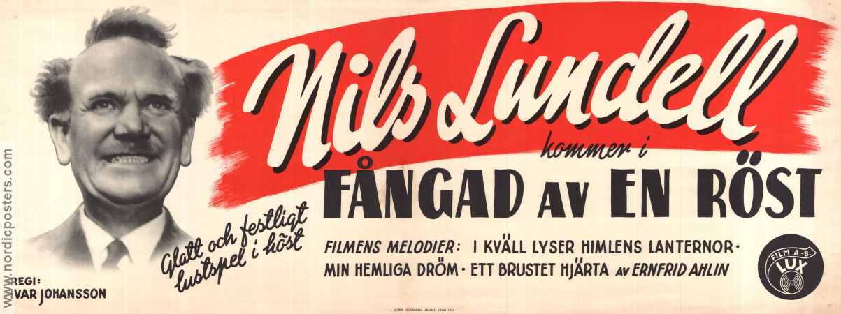 Fångad av en röst 1943 movie poster Nils Lundell Åke Grönberg Rut Holm Ivar Johansson