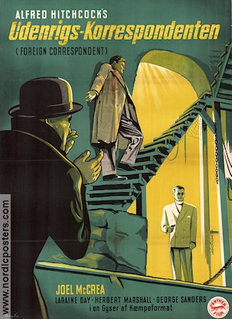 Foreign Correspondent 1940 poster Joel McCrea Laraine Day Herbert Marshall Alfred Hitchcock Eric Rohman art