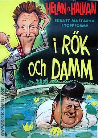 I rök och damm 1966 movie poster Laurel and Hardy Helan och Halvan Poster artwork: Walter Bjorne