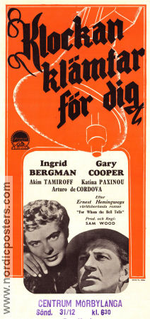 Klockan klämtar för dig 1943 poster Gary Cooper Ingrid Bergman Akim Tamiroff Sam Wood Text: Ernest Hemingway