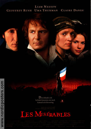 Les Miserables 1998 movie poster Liam Neeson Geoffrey Rush Uma Thurman Claire Danes Bille August Writer: Victor Hugo Musicals