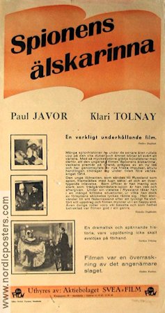 Spionens älskarinna 1939 poster Klari Tolnay Pal Javor Ferenc Kiss André De Toth Filmen från: Hungary