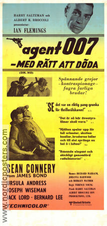 Agent 007 med rätt att döda 1962 poster Sean Connery Ursula Andress Terence Young Text: Ian Fleming