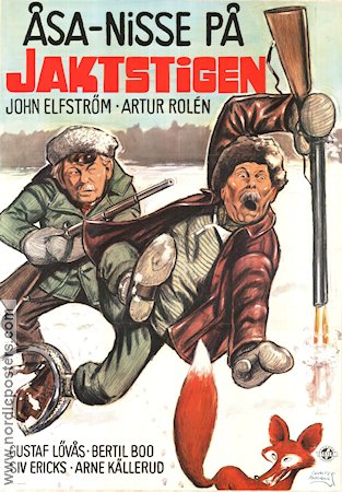 Åsa-Nisse på jaktstigen 1950 movie poster John Elfström Artur Rolén Helga Brofeldt Ragnar Frisk Find more: Åsa-Nisse Poster artwork: Walter Bjorne Guns weapons