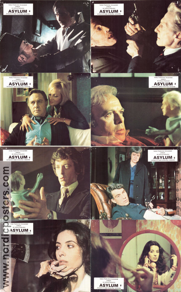 Asylum 1972 lobby card set Barbara Parkins Richard Todd Sylvia Syms Peter Cushing Britt Ekland Roy Ward Baker