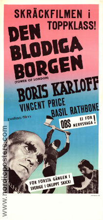 Tower of London 1939 movie poster Basil Rathbone Boris Karloff Barbara O´Neil Vincent Price Rowland V Lee
