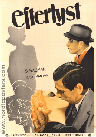 Efterlyst 1938 movie poster Thor Modéen Edvin Adolphson Birgit Rosengren Schamyl Bauman Trains Eric Rohman art