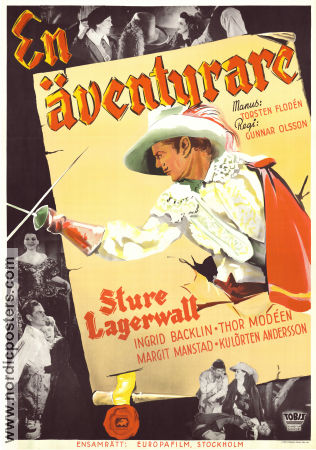 En äventyrare 1942 movie poster Sture Lagerwall Ingrid Backlin Margit Manstad Thor Modéen Gunnar Olsson Writer: Nils Ferlin