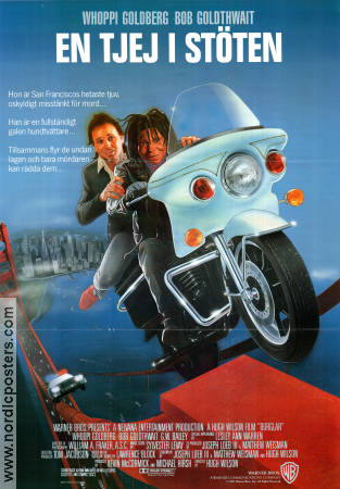 Burglar 1987 movie poster Whoopi Goldberg Bob Goldthwait Hugh Wilson Motorcycles Bridges