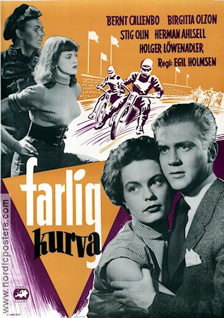 Farlig kurva 1952 movie poster Bernt Callenbo Birgitta Olzon Holger Löwenadler Egil Holmsen Sports Motorcycles