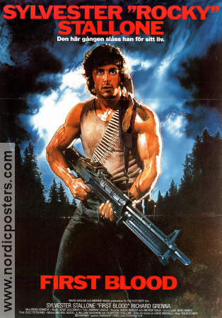 First Blood 1982 movie poster Sylvester Stallone Brian Dennehy Richard Crenna Ted Kotcheff Poster artwork: Drew Struzan Find more: Rambo