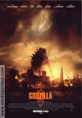 Godzilla 2014 movie poster Aaron Taylor-Johnson Elizabeth Olsen Bryan Cranston Gareth Edwards Dinosaurs and dragons