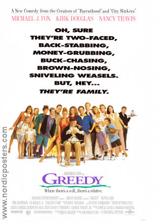 Greedy 1994 movie poster Michael J Fox Kirk Douglas Nancy Travis onathan Lynn