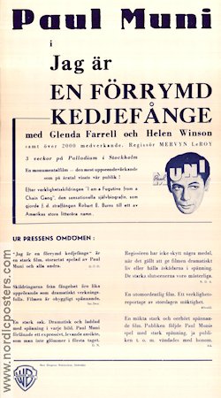 Jag är en förrymd kedjefånge 1932 poster Paul Muni Glenda Farrell Helen Vinson Mervyn LeRoy