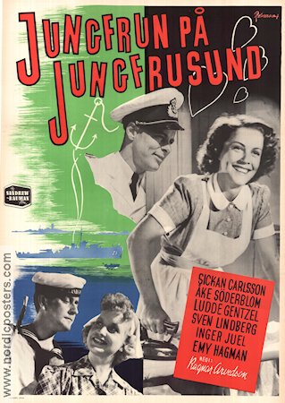 Jungfrun på Jungfrusund 1949 poster Sickan Carlsson Åke Söderblom Sven Lindberg Inger Juel Ragnar Arvedson Skepp och båtar Filmbolag: Sandrews Eric Rohman art