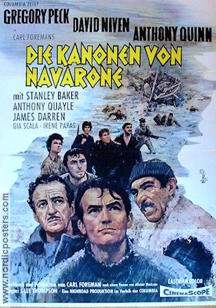 The Guns of Navarone 1961 movie poster Gregory Peck David Niven Anthony Quinn J Lee Thompson Writer: Alistair Maclean Find more: Nazi