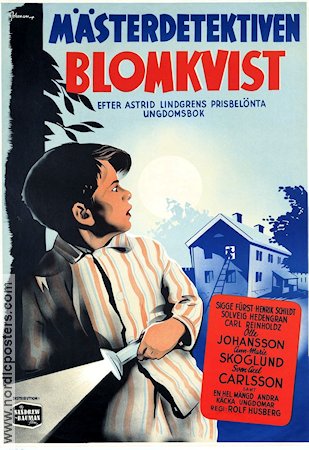 Mästerdetektiven Blomkvist 1947 movie poster Olle Johansson Ann-Marie Skoglund Sven-Axel Carlsson Sigge Fürst Rolf Husberg Writer: Astrid Lindgren Police and thieves Eric Rohman art