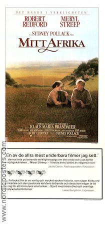 Out of Africa 1985 movie poster Meryl Streep Robert Redford Klaus Maria Brandauer Sydney Pollack Writer: Karen Blixen