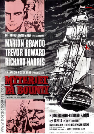 Mutiny on the Bounty 1962 movie poster Marlon Brando Trevor Howard Richard Harris Lewis Milestone Ships and navy