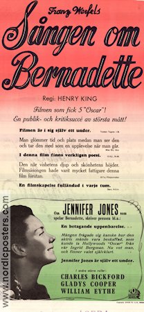 The Song of Bernadette 1943 movie poster Jennifer Jones Charles Bickford William Eythe Henry King