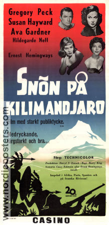 The Snows of Kilimanjaro 1952 movie poster Gregory Peck Susan Hayward Ava Gardner Henry King Find more: Africa Writer: Ernest Hemingway Mountains