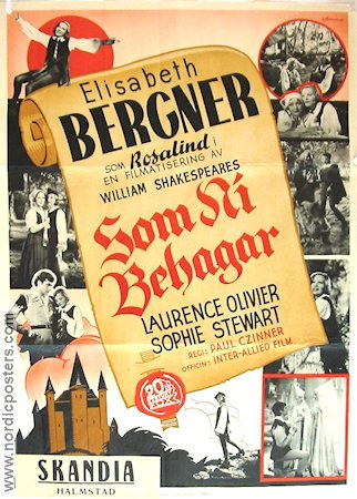 As You Like it 1936 movie poster Laurence Olivier Elisabeth Bergner Writer: William Shakespeare