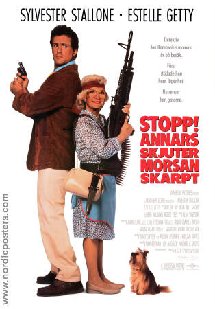 Stopp annars skjuter morsan skarpt 1992 poster Sylvester Stallone Estelle Getty JoBeth Williams Roger Spottiswoode Vapen Hundar