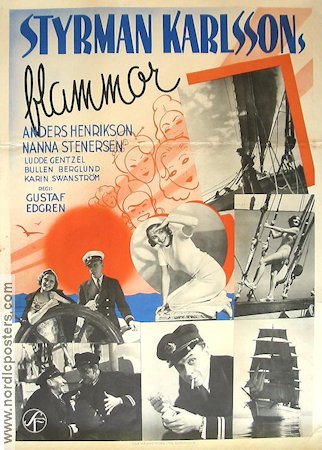 Styrman Karlssons flammor 1938 movie poster Anders Henrikson Nanna Stenersen Ships and navy Eric Rohman art