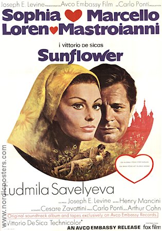 Sunflower 1970 movie poster Sophia Loren Marcello Mastroianni Lyudmila Saveleva Vittorio De Sica