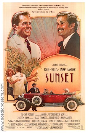 Sunset 1988 movie poster Bruce Willis James Garner Malcolm McDowell Blake Edwards Cars and racing