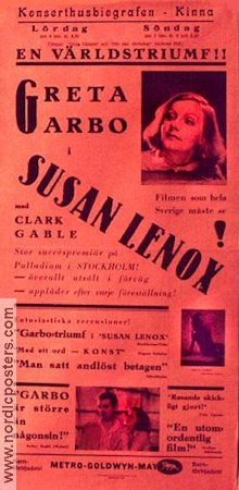 Susan Lenox 1931 movie poster Greta Garbo Clark Gable Jean Hersholt Robert Z Leonard