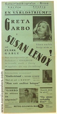 Susan Lenox 1932 movie poster Greta Garbo Clark Gable