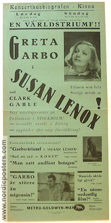 Susan Lenox 1931 movie poster Greta Garbo Clark Gable Jean Hersholt Robert Z Leonard