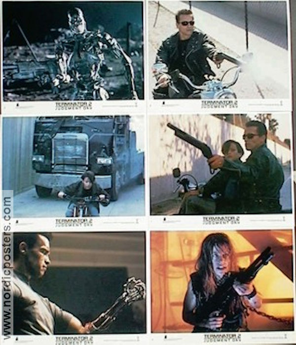 Terminator 2: Judgment Day 1991 lobby card set Arnold Schwarzenegger Linda Hamilton Edward Furlong Robert Patrick Earl Boen James Cameron Motorcycles Guns weapons