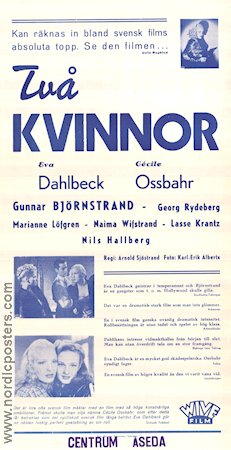 Två kvinnor 1947 movie poster Eva Dahlbeck Cecile Ossbahr Gunnar Björnstrand Arnold Sjöstrand