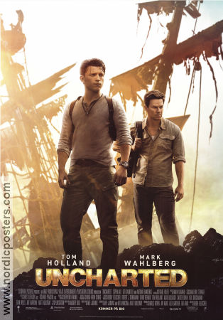 Uncharted 2022 movie poster Tom Holland Mark Wahlberg Antonio Banderas Ruben Fleischer