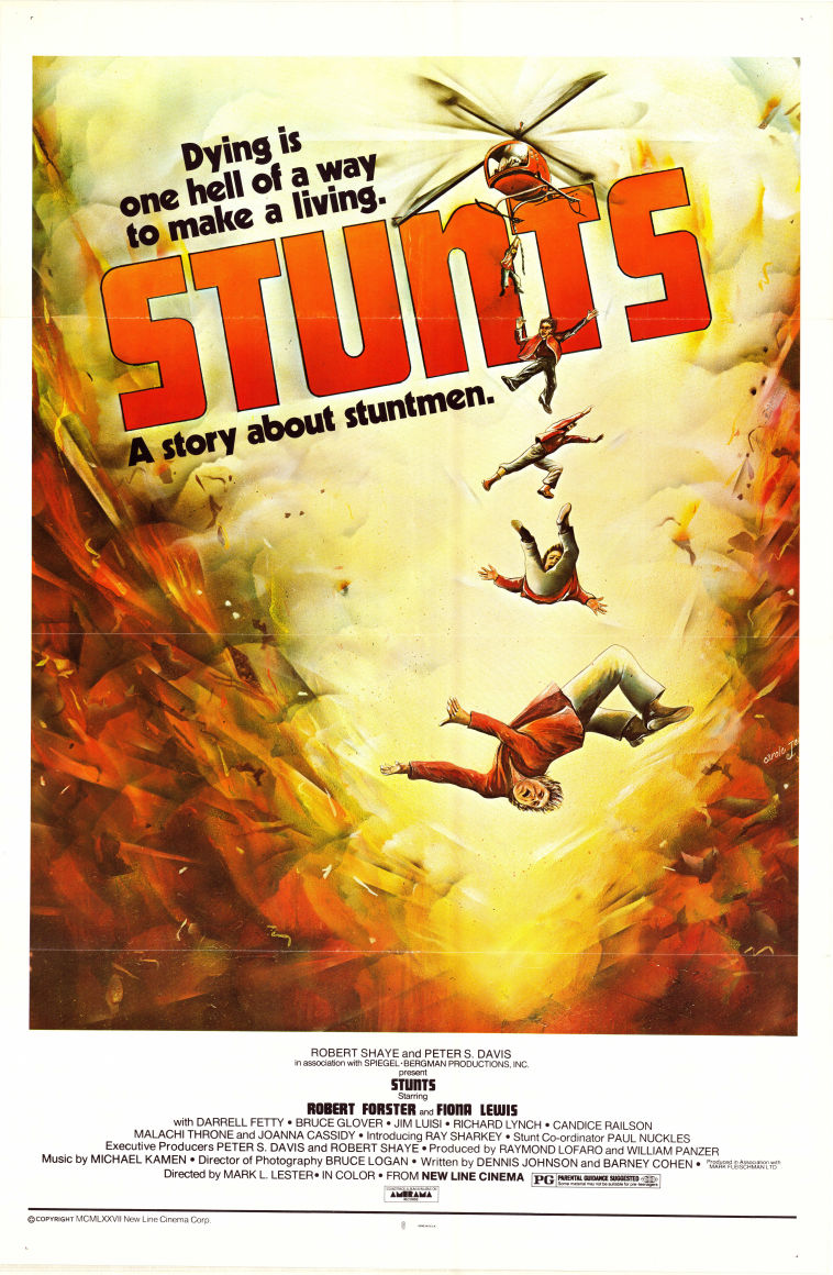 Stunts 1977 movie poster Robert Foster Fiona Lewis Ray Sharkey Mark L Lester Cars and racing Planes
